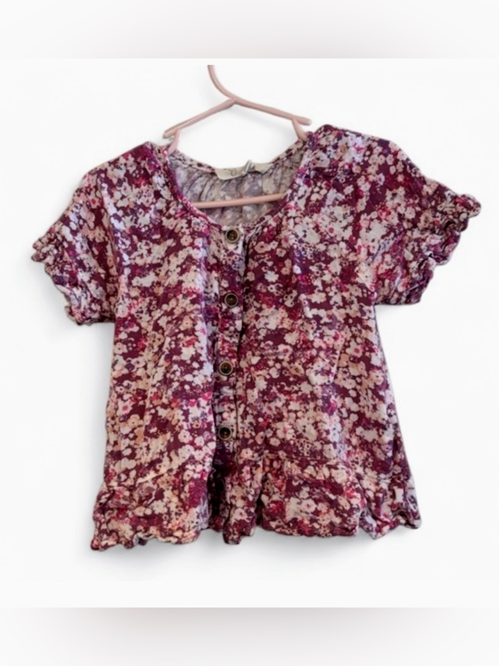 Jessica Simpson Girl Pink Floral Boho Blouse Flutter Sleeve Button Front Top 5/6